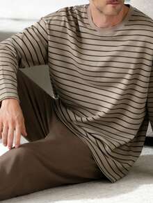 男士加大码休闲宽松纯色圆领长袖上衣（带口袋）和格子家居裤睡衣套装，2件套，适合春季、秋季、冬季穿着，情人节礼物。