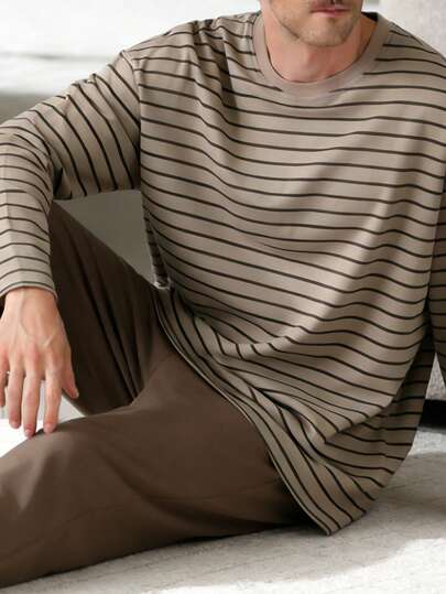 2pcs Men's Plus Size Casual Loose Solid Crew Neck Long Sleeve Top With Pockets & Plaid Lounge Pants Pajama Set, Suitable For Spring, Autumn, Winter, Valentine's Day Gift