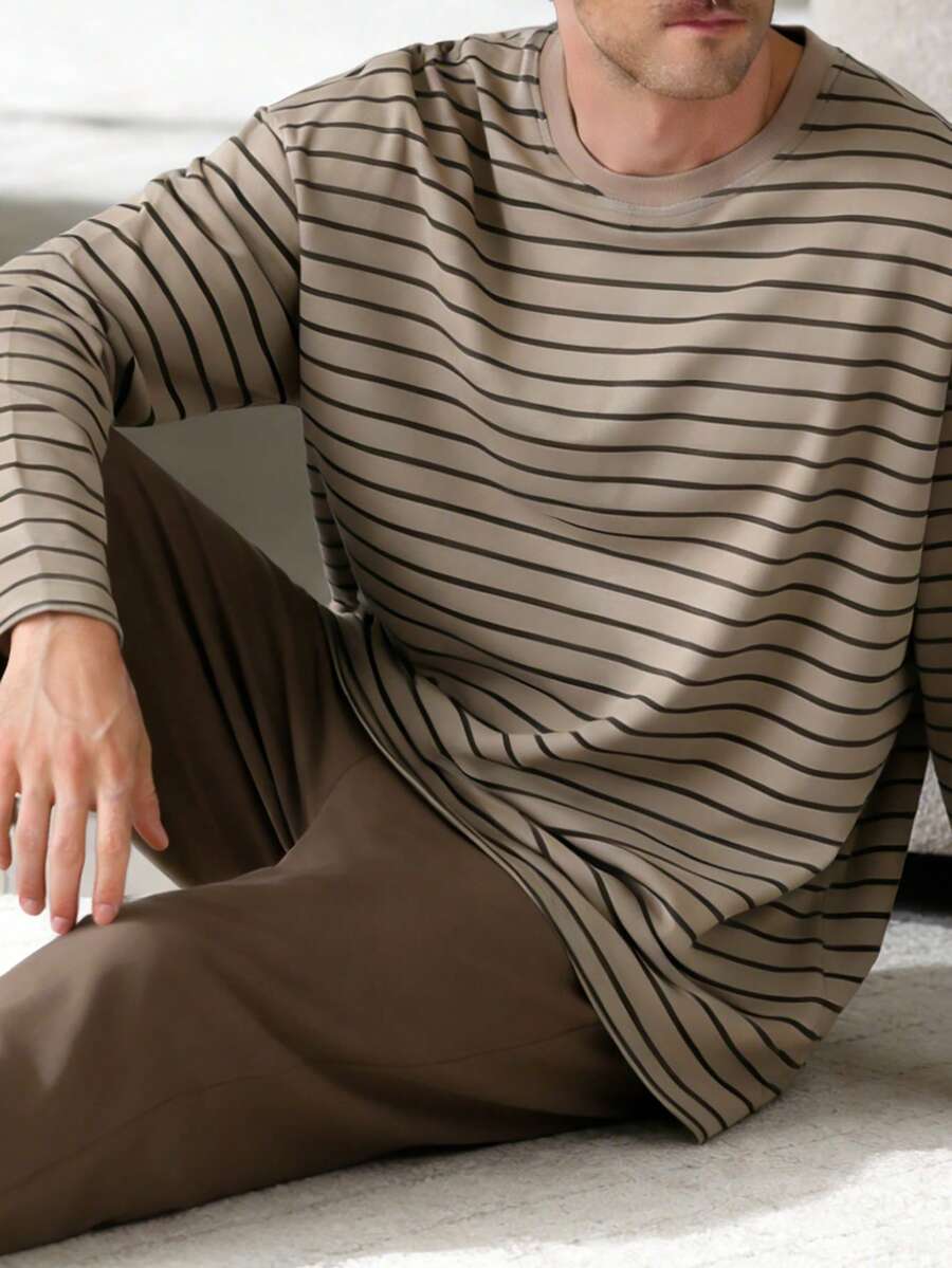 男士加大码休闲宽松纯色圆领长袖上衣（带口袋）和格子家居裤睡衣套装，2件套，适合春季、秋季、冬季穿着，情人节礼物。