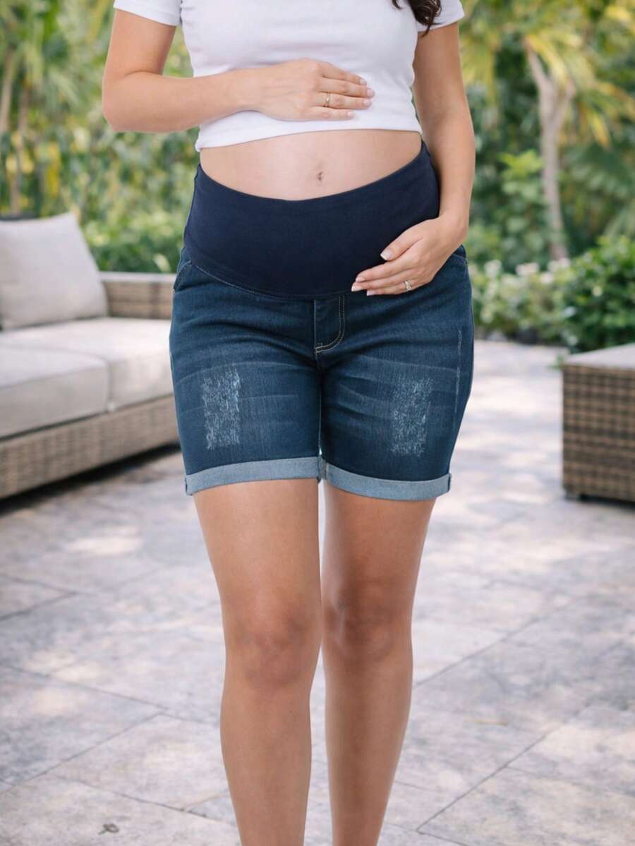 Short maternidad premamá embarazo embarazada mujer dama mezclilla denim pantalón corto pretina alta elástica para pancita diseño liso con dobladillo cómodo suave flexible casual diario outfit urbano juvenil moderno versátil holgado crecimiento pancita prenatal posparto uso diario primavera verano otoño invierno - Azul Marino - Ver 1