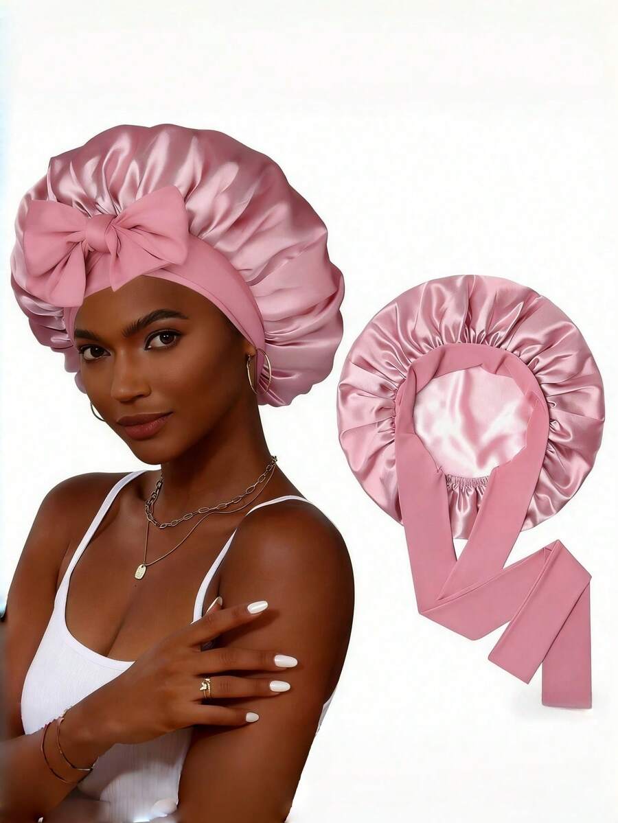 1pc Women's Reversible Satin Sleeping Cap, Dual-Layer Elastic Drawstring Hair Bonnet, Wide Brim High Elasticity Hair Care Cap, Bow Ribbon Hair Band Cap, Suitable For Curly Hair, Daily Essential, Valentine's Day Gift - Multicolor - View 1