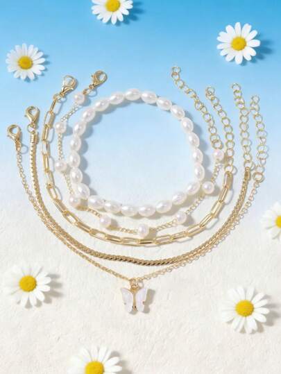 Set de 5 piezas de pulsera de aleación con gota de aceite y perla falsa, conjunto de joyas con colgante de mariposa, de moda para primavera/verano