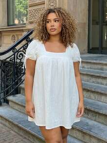 Women's Plus Size Dress Casual Stylish Solid Color Bows Square Neck Short Sleeve Mini Dress - trắng - Xem 8