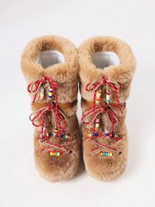 Faux Fur Boots For Women Winter Snow Boots Platform Lace Up Round Toe Boots Warm Snow Shoes Fluffy Winter Boots - 駝色 - 查看 9