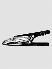 ADAMUMU New Women's High-End Pointed Toe Thin Strap Sandals, Heavily Embellished Glossy Slip-On Shoes, Versatile For Daily, Date, Party, Holiday - Black - View 6