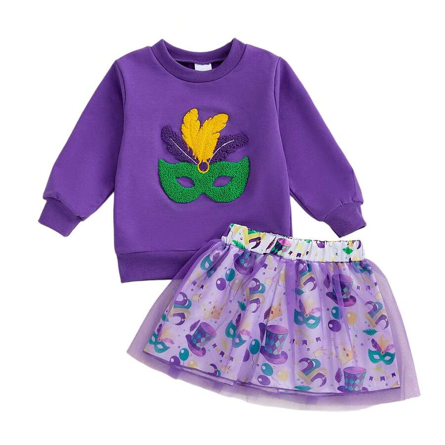 2Pcs/ Set Toddler Girl Mardi Gras Outfit Crewneck Sweatshirt Tutu Skirts Set 2 Piece Cute Little Girl Clothes. Kids Carnival Clothes 1-5Years (Purple) - 寶藍色 - 查看 1