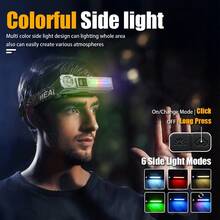 1pc All-In-One Light! Type-C Rechargeable Magnetic Motion-Sensor Headlamp, Converts To Flashlight/Bike Light, With RGB Side Lights