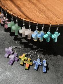 Natural Stone Cross Earrings, Vintage Personalized Design Turquoise & Amethyst & Rhodochrosite Pendant Earrings - Multicolor - View 8