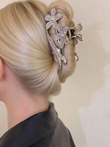 A Ins Style Elegant Exquisite Silver Full Rhinestone Dual-Flower Pearl Vine Hair Claw Full Rhinestone Flower + Pearl Accent + Vine Rhinestone Decor Exquisite Design Hair Clip Suitable For Daily Commute/Date Dinners/BFF Afternoon Tea/Party Looks Exquisite Elegant Aesthetic Hair Accessory/Versatile High-End Hair Decor - Multicolor - View 3