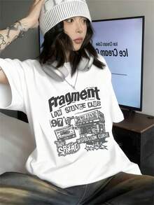 1PC 100% Cotton Fragment Graphic Print Short Sleeve TShirt, Low Stance Club Style Women's Tee, Inspiration Curve Design Top. - 白色 - 查看 1