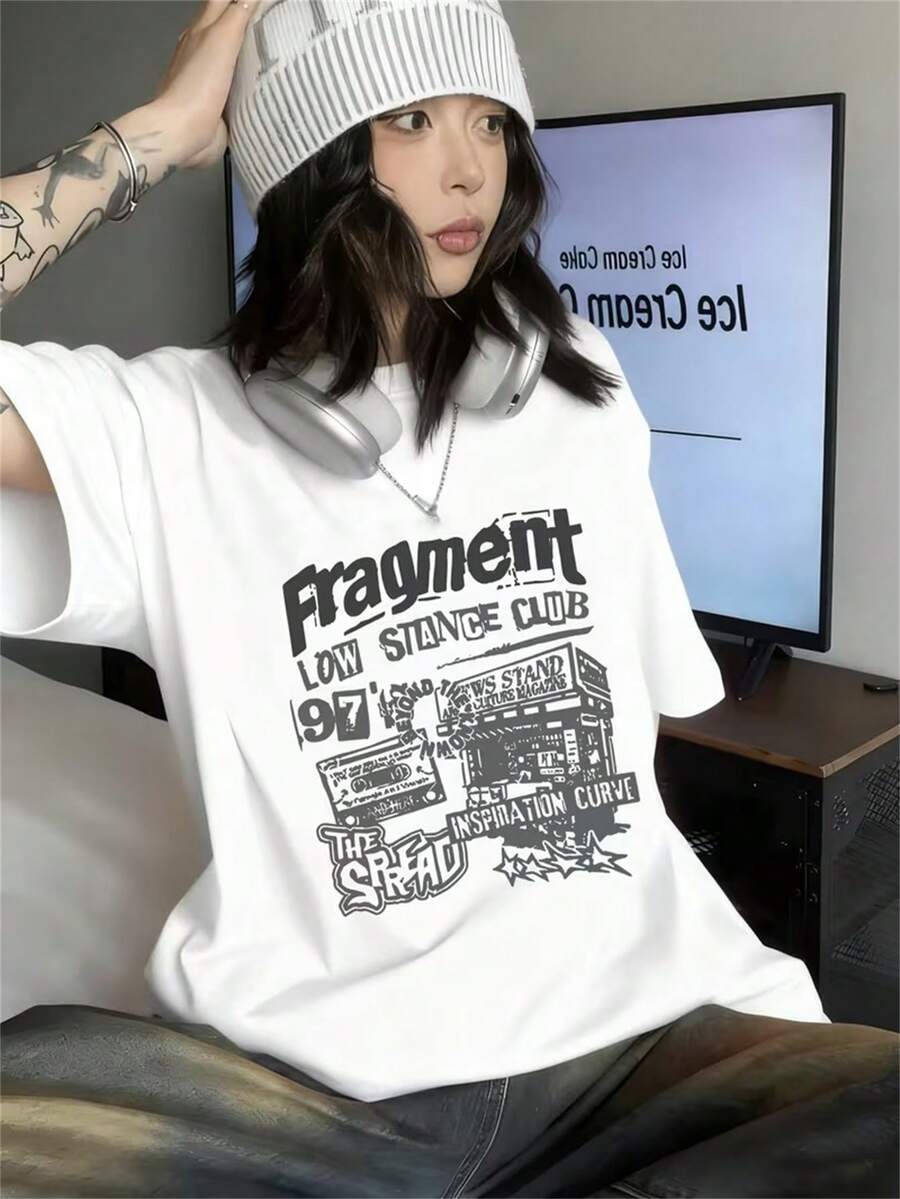 1PC 100% Cotton Fragment Graphic Print Short Sleeve TShirt, Low Stance Club Style Women's Tee, Inspiration Curve Design Top. - 白色 - 查看 1