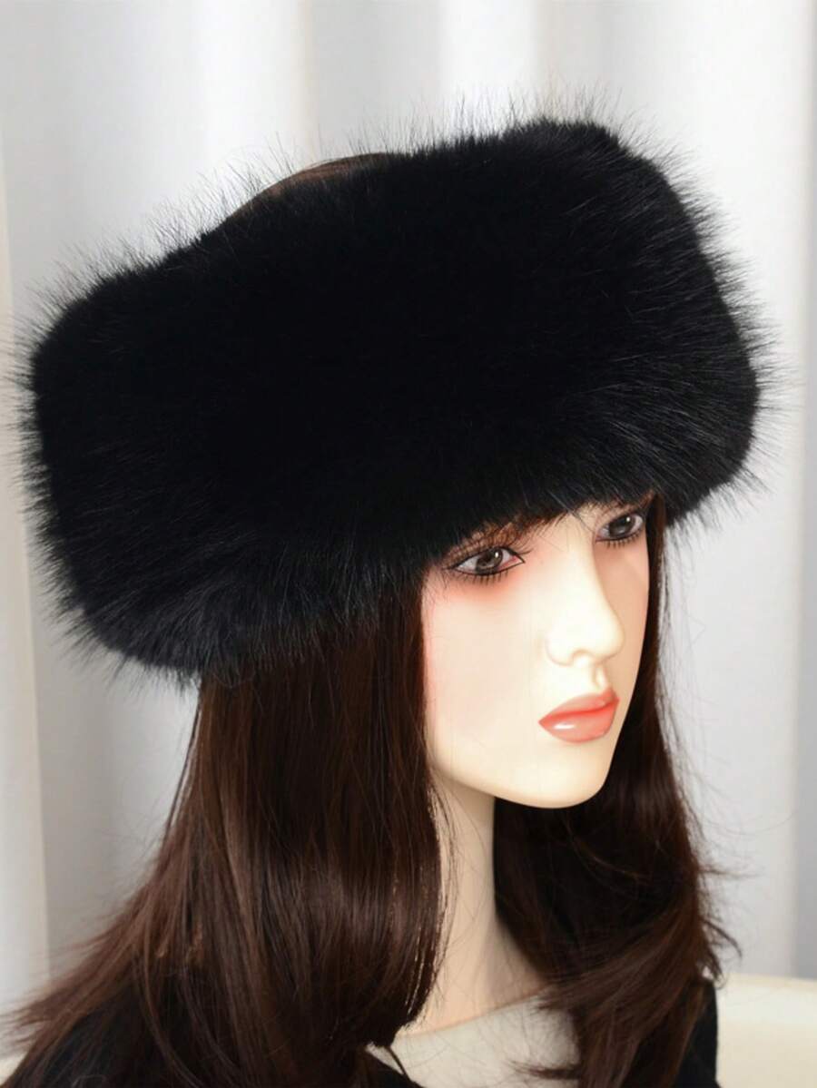 1pc Women's Faux Fur Headband, Solid Black Fluffy Earmuffs Headwrap, Hollow Top Winter Hat - 1Pc - View 1