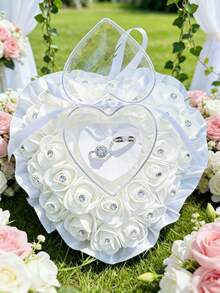 白色心形水钻结婚戒指枕，戒枕，水晶玫瑰蕾丝靠垫，适用于婚礼、周年纪念、情人节仪式 - 彩色 - 查看 2