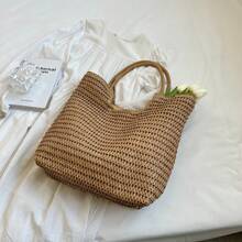 1pc Fashionable High-End Fresh Niche Versatile Woven Tote Bag, Large Capacity Beach Casual Shoulder Straw Bag - Brown - View 6