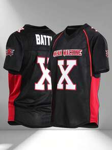 Camiseta de fútbol americano bordada para hombre, de cuello en V y manga corta, informal, para fiestas y deportes - Negro - Ver 1