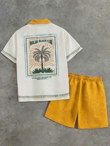 男士复古宽松休闲衬衫套装（2件套），翻领，撞色设计，植物印花图案，男士沙滩装 - 白色 - 查看 6