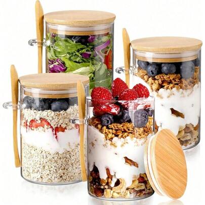 1pc Glass Food Storage Container With Lid & Spoon, Suitable For Overnight Oats, Chia Pudding, Salad, Grains, Coffee, Flour, Bread Fermentation