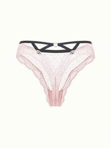 Bonmuse Lace & Mesh See-Through Low-Rise Thong Panties With Hollow Out Design Sexy Lingerie - Pink - View 2