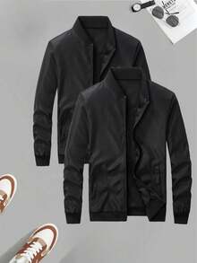 2 件户外运动休闲立领棒球夹克，纯色拉链风衣，适合父亲节 - 黑色 - 查看 1