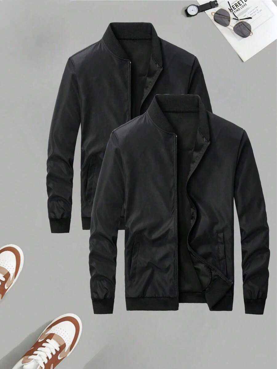 2 件户外运动休闲立领棒球夹克，纯色拉链风衣，适合父亲节 - 黑色 - 查看 1