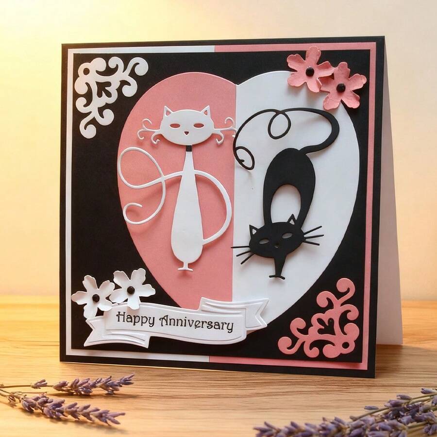 创意情侣猫金属切割模具，DIY剪贴簿相册和压花模板，贺卡制作工具，卡片纸切割工艺品，礼品卡制作模板模切。 - 銀色 - 查看 1