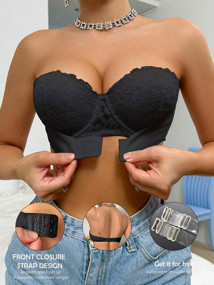 Black Strapless Bra, Lace Wrapped Bust, Ruched Design, Front Invisible Clasp Bandeau Bra For Women