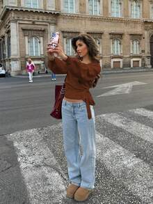 Áo len dài tay HoloChill nữ màu trơn, kiểu dáng thường ngày, thắt eo và nơ, mẫu mới đa năng cho mùa hè 2026. - Rỉ Nâu - Xem 5