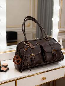 Classic Clown Solid Color PU Waterproof Fabric Bag, Letter Graphic Decor, Multi-Pocket Shell Bag, Can Be Worn As Shoulder Bag Or Underarm Bag, Comes With Pendant, Suitable For Travel, Shopping, Commuting, Party, Date And New Year Occasions. Retro Women's Handbag, Street-Style Japanese Fashion Bag. , Y2k - 咖啡棕 - 查看 7