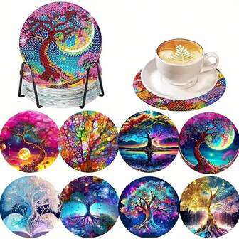 Set de 8 posavasos con soporte de pintura de diamantes con patrón de árbol de la vida, kit de pintura de diamantes apto para adultos y principiantes, suministros de manualidades de pintura de diamantes, regalo exquisito para amigos