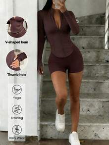 GAOVOT 2pcs Women's Spring/Summer Sports & Casual Outfit, Including Stand Collar Zip-Up Jacket And High Waist Skinny Shorts, Suitable For Running, Yoga And Other Workouts