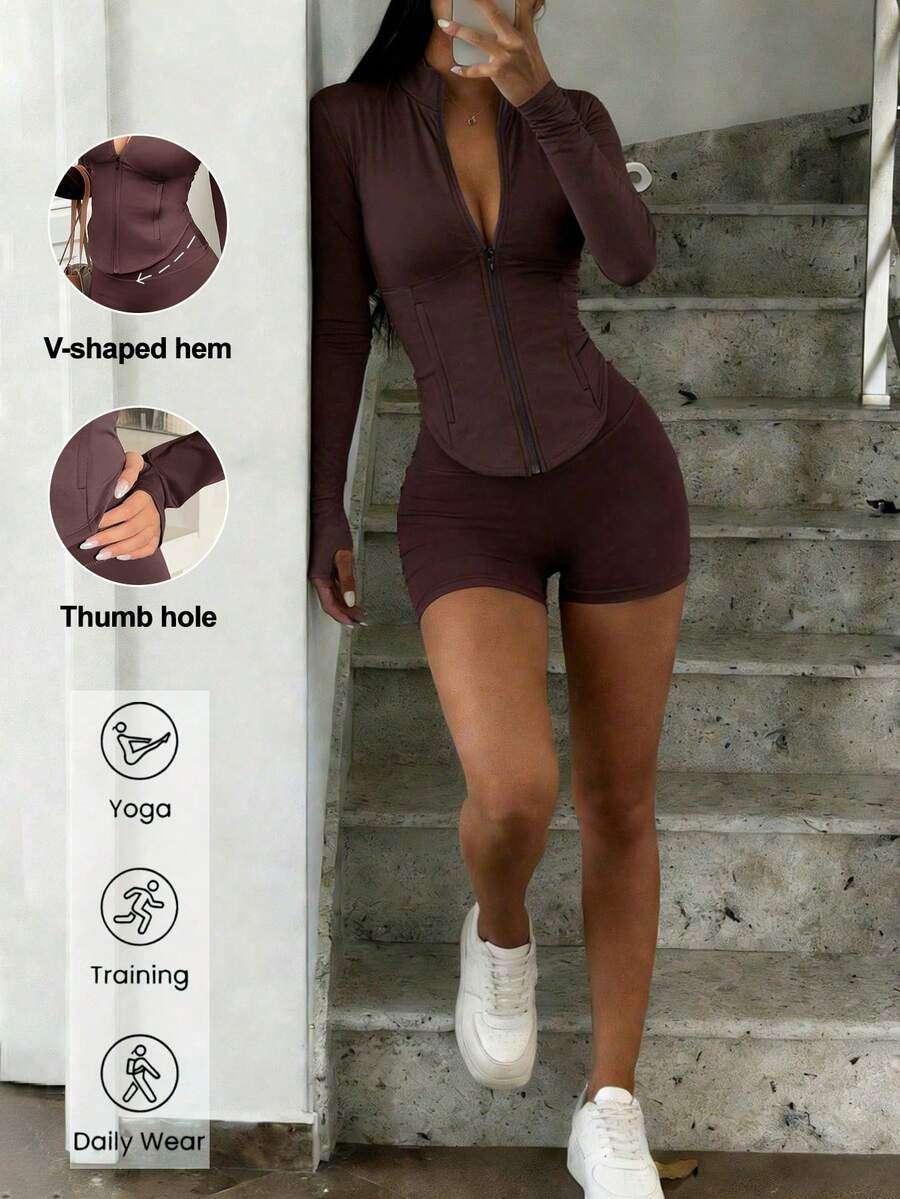 GAOVOT 2pcs Women's Spring/Summer Sports & Casual Outfit, Including Stand Collar Zip-Up Jacket And High Waist Skinny Shorts, Suitable For Running, Yoga And Other Workouts