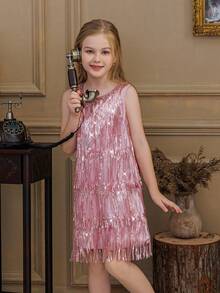 Tween Girl Sleeveless Flowing Sequin Fringe Party Dress, Flower Girl Dress, Princess Gown For Girls, Suitable For Birthday Party, Wedding, Prom, Holiday Celebration - Pink - View 3