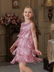 Tween Girl Sleeveless Flowing Sequin Fringe Party Dress, Flower Girl Dress, Princess Gown For Girls, Suitable For Birthday Party, Wedding, Prom, Holiday Celebration - Pink - View 7