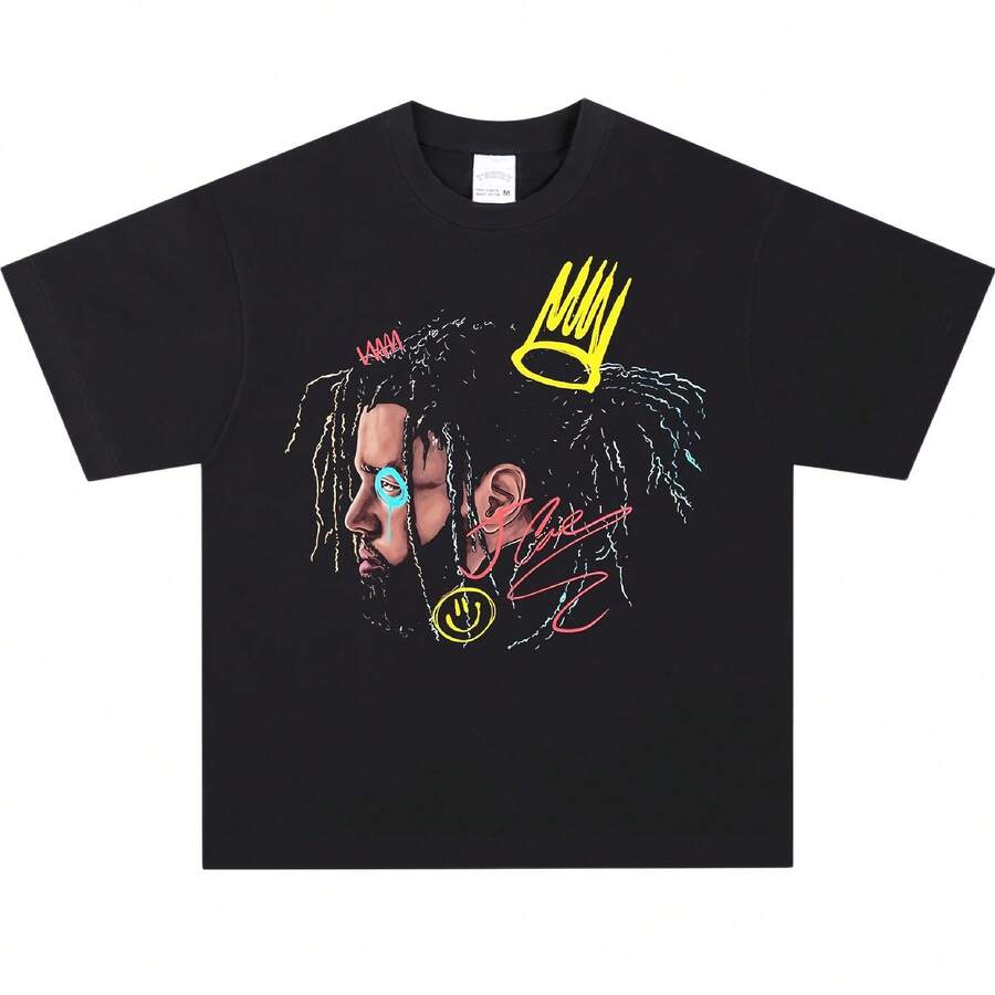 1PC J.Cole Crown Portrait Graffiti Graphic Men's T-Shirt Short Sleeve Casual Street-Wear Top - 黑色6 - 查看 1