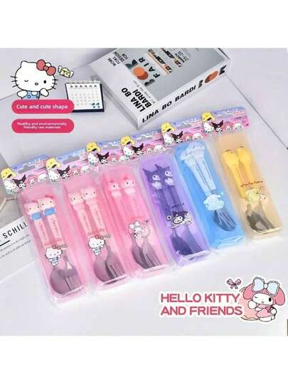  2 st. Sanrio bärbart bestickset i rostfritt stål, söt tecknad sked och gaffel, lämplig för utomhusresor, Hello Kitty och Kuromi tecknad bestickset i rostfritt stål - gaffel, sked, kniv, lämplig för hemmamåltider, picknick, camping och studentboende