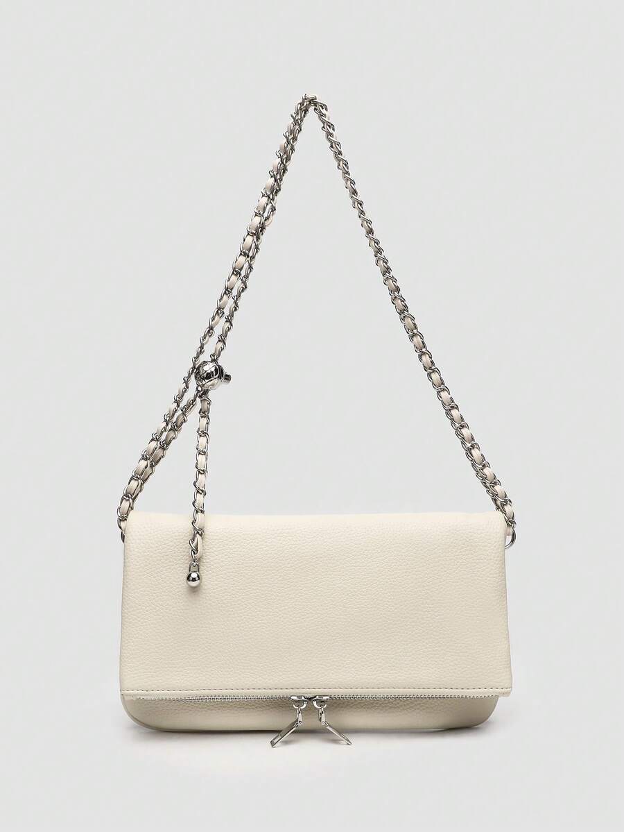 1pc Women's Chain Shoulder Bag, Crossbody Bag, Litchi Grain Underarm Bag With Chain, Minimalist Fashion Small Square Bag, Shoulder & Crossbody Bag With Adjustable Strap - 象牙色 - 查看 1