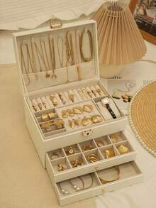 1pc 3-Tier Jewelry Storage Box, Watch Organizer, Earring Holder, Necklace Display, Bracelet Tray, Ring Storage, Large Capacity 3-Layer Jewelry Box With Lock - Kotak perhiasan - View 1