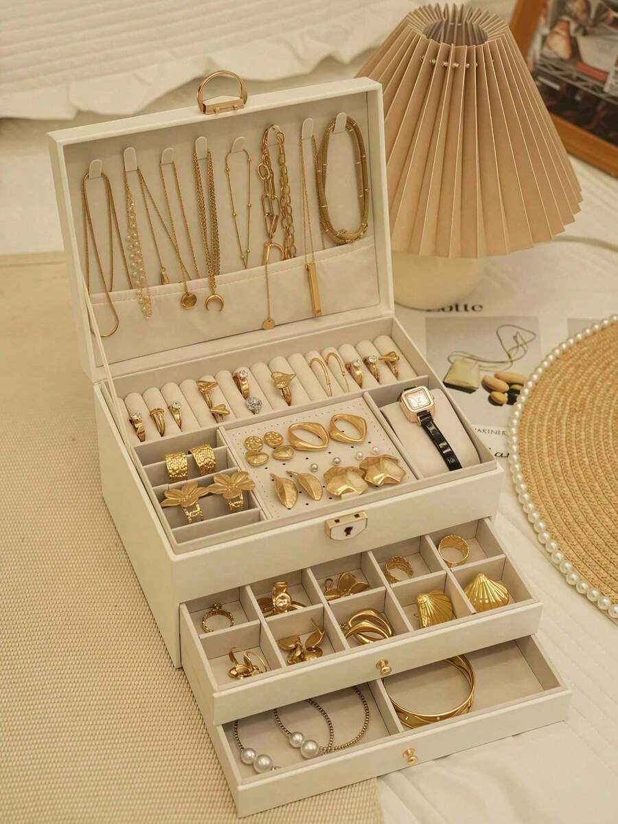 1pc 3-Tier Jewelry Storage Box, Watch Organizer, Earring Holder, Necklace Display, Bracelet Tray, Ring Storage, Large Capacity 3-Layer Jewelry Box With Lock - Kotak perhiasan - View 1
