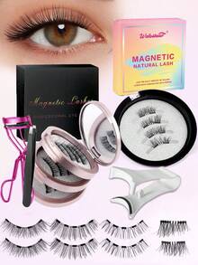 4对磁性眼线笔和磁性假睫毛套装，带磁性涂抹器，款式多样，无需胶水，自然妆效，可重复使用，7-12毫米仿貂毛假睫毛，适合日常佩戴，防水，卡通造型，外眼角加长，放大双眼 - 自然纖長款 - 查看 9