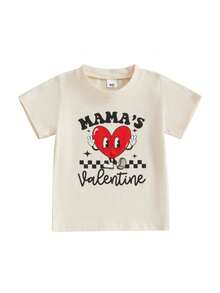 Toddler Baby Boy Girl Valentines Day Outfit Letters Heart Graphic Tee Shirts Tops Toddler Boy Valentines Day Shirt - 卡其色 - 查看 1
