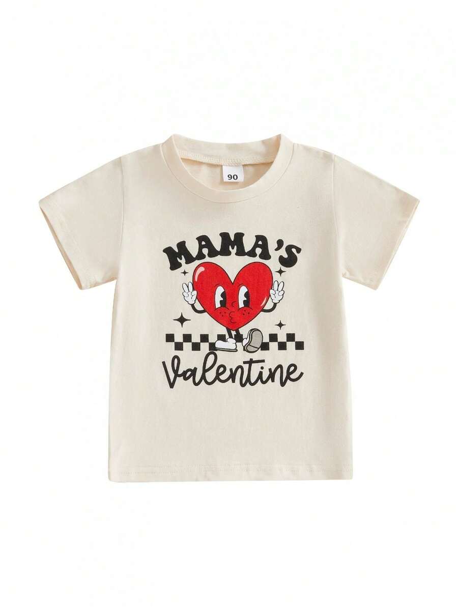 Toddler Baby Boy Girl Valentines Day Outfit Letters Heart Graphic Tee Shirts Tops Toddler Boy Valentines Day Shirt - 卡其色 - 查看 1