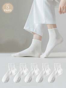 5雙女款白色與灰色透氣吸汗短襪，簡約休閒四季通用運動襪 - 白色 - 查看 10