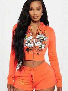 2 Piece Sets Woman  Two Piece Set Ropa De Invierno Mujer  2 Piece Sets Woman Winter Fall Set   Set Featuring Fashionable Street Style, Casual Comfort, Painted Zipper, Hat And Positioning Print - 橘紅色 - 查看 1