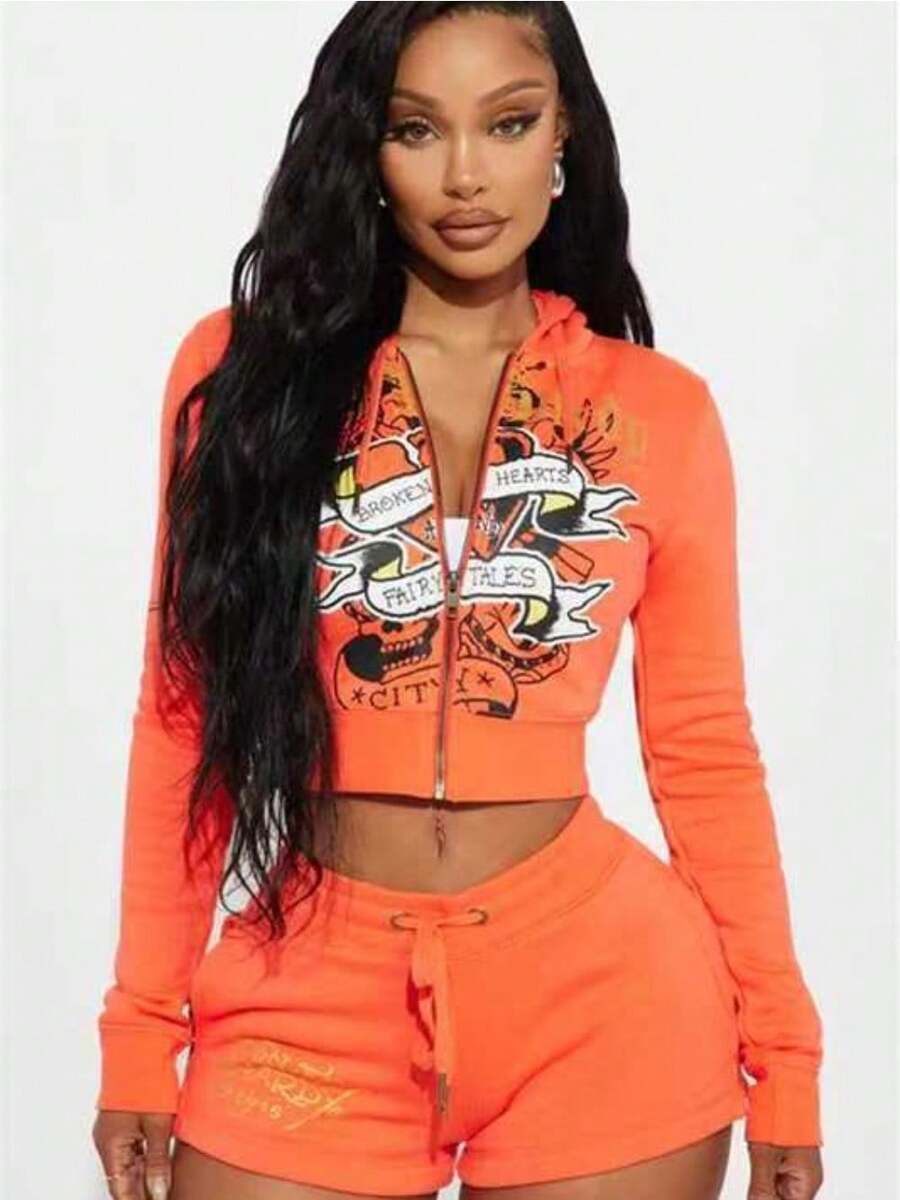 2 Piece Sets Woman  Two Piece Set Ropa De Invierno Mujer  2 Piece Sets Woman Winter Fall Set   Set Featuring Fashionable Street Style, Casual Comfort, Painted Zipper, Hat And Positioning Print - 橘紅色 - 查看 1