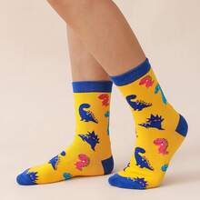 3 Pairs Men's Dinosaur Pattern Mid-Calf Socks, Cute & Adorable, Fashionable - Yellow - View 3