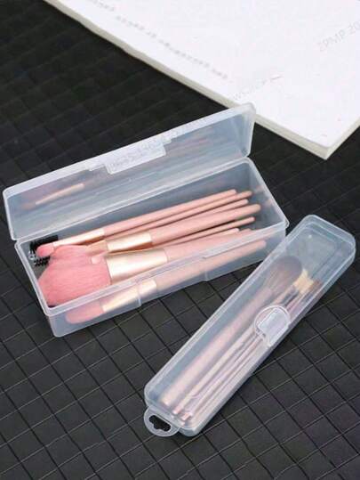 1个便携式化妆刷收纳盒，带防尘盖，可收纳腮红刷、眼影刷、眉笔等，旅行必备，适合度假、海滩、浴室、卧室等场所，也可用于化妆间装饰。