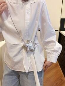 1个新款迷你金属小包，电镀银色零钱包，闪亮未来主义金属五角星手提包，星形链条斜挎包，不对称手提包，配件包，优雅零钱包，耳机盒，婚礼 - 銀色 - 查看 6