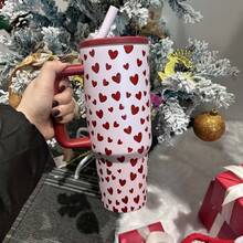 mikenda 1 Pc 40oz Heart Print Stainless Steel Tumbler With Handle And Straw, Cute Valentine Style Large Capacity Insulated Coffee Mug, Reusable Travel Cup For Home, Office And On-The-Go - Hot Pink - View 3