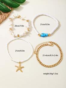 4pcs Cute Animal, Shell, Starfish, Blue Fish Layered Anklet Set, Women Anklet Suitable For Beach, Vacation