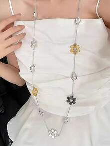 1pc Elegant High-End Unique Retro Fashionable Personalized Faux Pearl Flower Shell Beaded Long Necklace, Versatile For Daily Wear And Festive Occasions